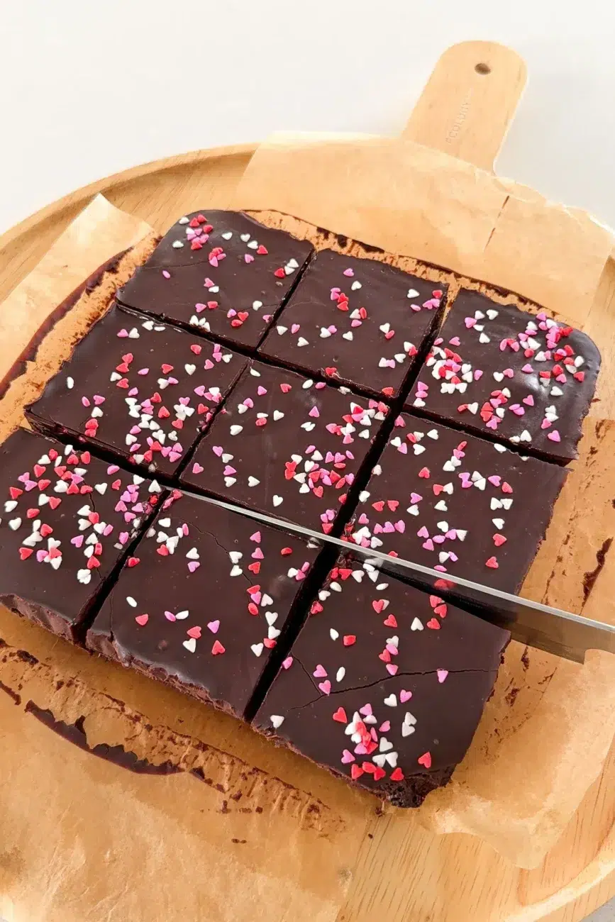 Finished Valentines Day brownie being sliced
