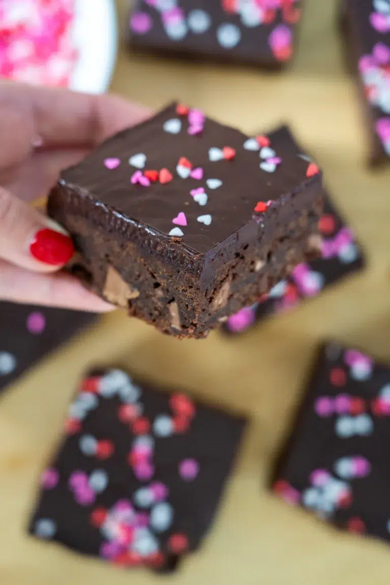 Valentines Day Brownie being held close-up